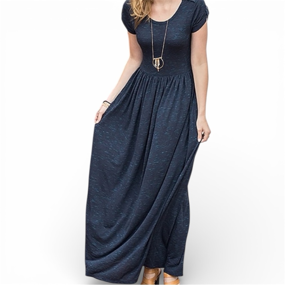 MATILDA JANE Deep Water Navy Scoop Neck Maxi Dress Cottage Modest Comfort Size L